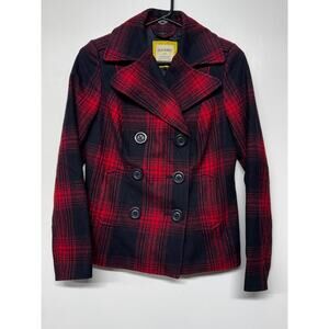 Old Navy X-Small Womens Red & Black Plaid Double Breasted Peacoat Jacket